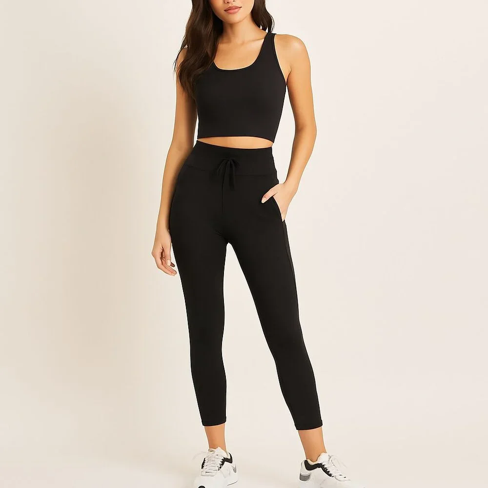 Victoria Sport Y2K Black Pocket Leggings Drawstring Cropped Fit Workout Gym S